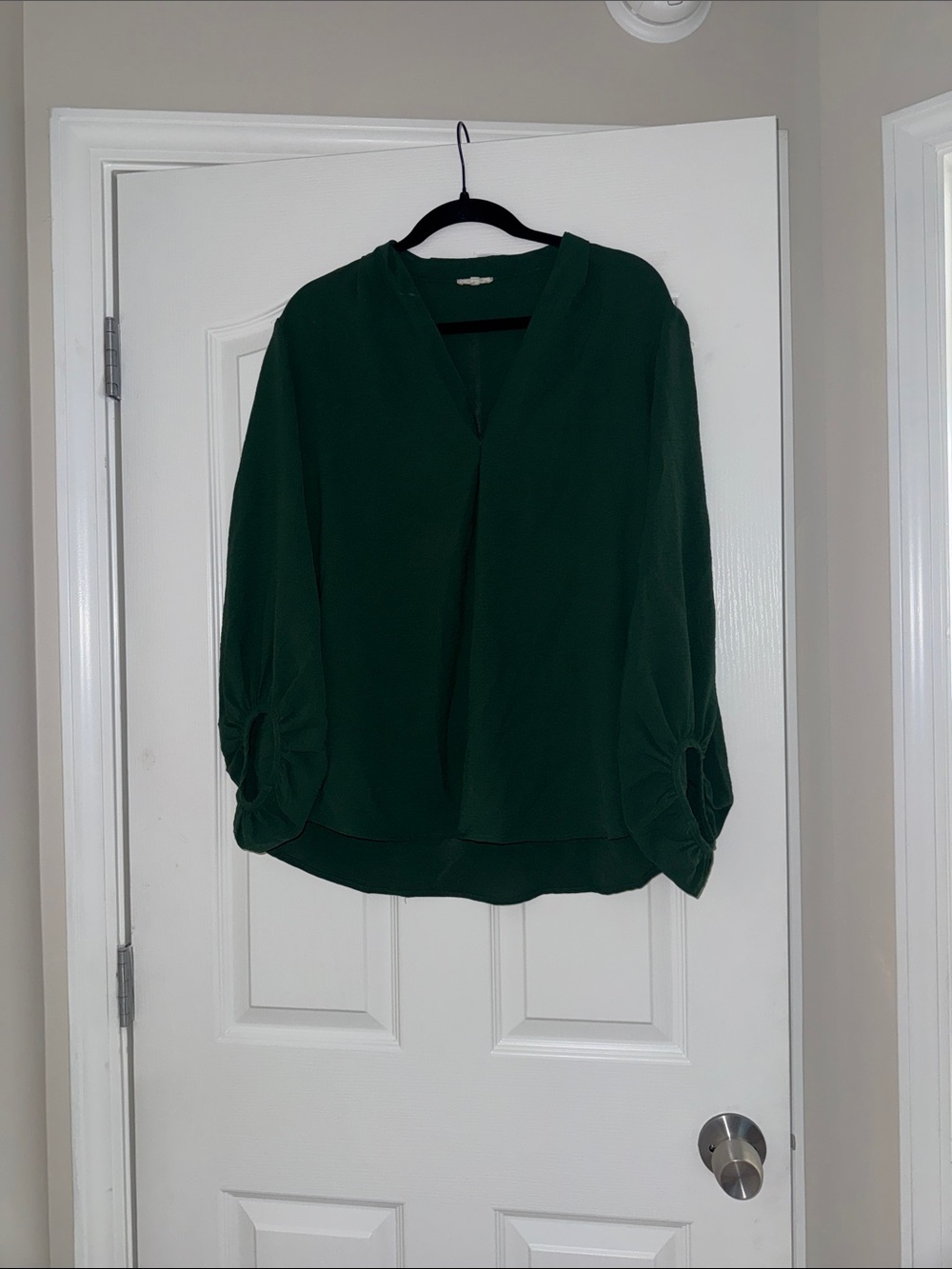 JODIFL Forest Green V-Neck Blouse with Gathered Sleeve Detail